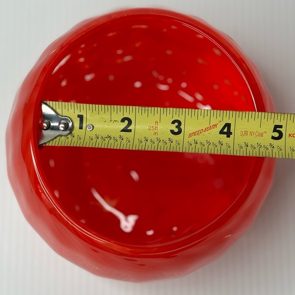 Decorative Hand Blown Studio Glass Art Bowl, Red Orange Swirl Etched Signature - Picture 9 of 11